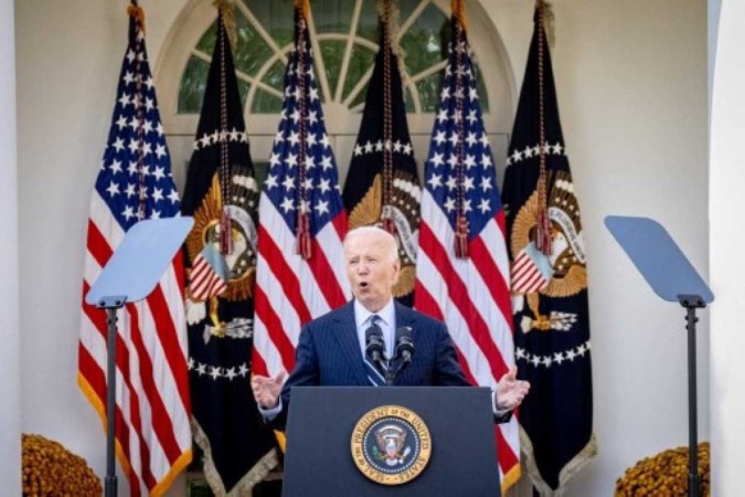 Biden durante pronunciamento público nesta quinta-feira (7/11) nos EUA -  (crédito: Andrew Harnik / GETTY IMAGES NORTH AMERICA / Getty Images via AFP)