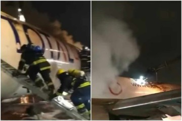 Três veículos da brigada de incêndio do próprio aeroporto e mais cinco do Corpo de Bombeiros trabalharam para conter as chamas na pista -  (crédito: Reprodução/Redes sociais)