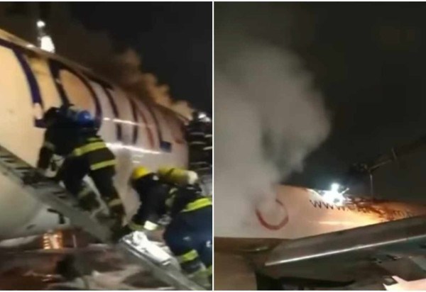 Três veículos da brigada de incêndio do próprio aeroporto e mais cinco do Corpo de Bombeiros trabalharam para conter as chamas na pista -  (crédito: Reprodução/Redes sociais)