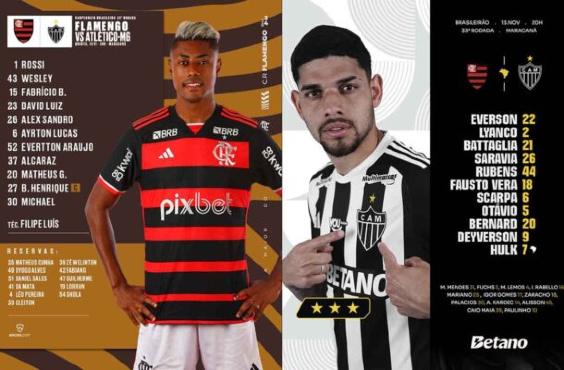 Equipes se enfrentam nesta quarta-feira (13), no Maracanã, em partida que encerra a 33ª rodada do Campeonato Brasileiro -  (crédito: Fotos: Divulgação/Flamengo/Atlético)