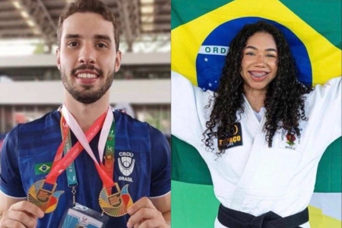 Lucas Hardy e Paloma Santos, os representantes do DF e campeões no Pan Universitário da Colômbia -  (crédito: Faculdade Anhanguera de Brasília – Taguatinga Shopping)