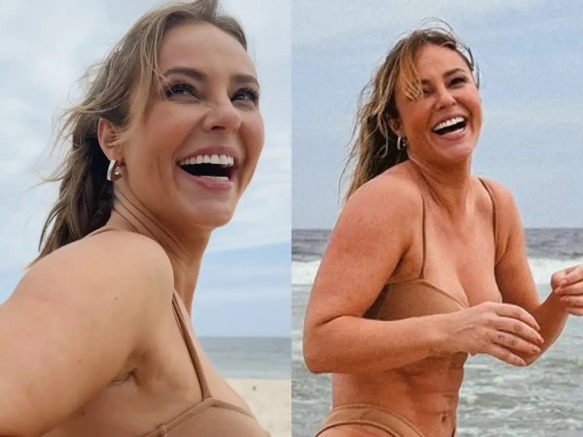 Paolla Oliveira elege biquíni nude para curtir praia e brinca: 