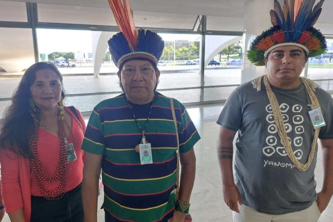 O grupo foi liderado pelo xamã Davi Kopenawa, autor do livro A Queda do Céu e um dos principais líderes do povo Yanomami. -  (crédito: Victor Correia/CB/D.A. Press)