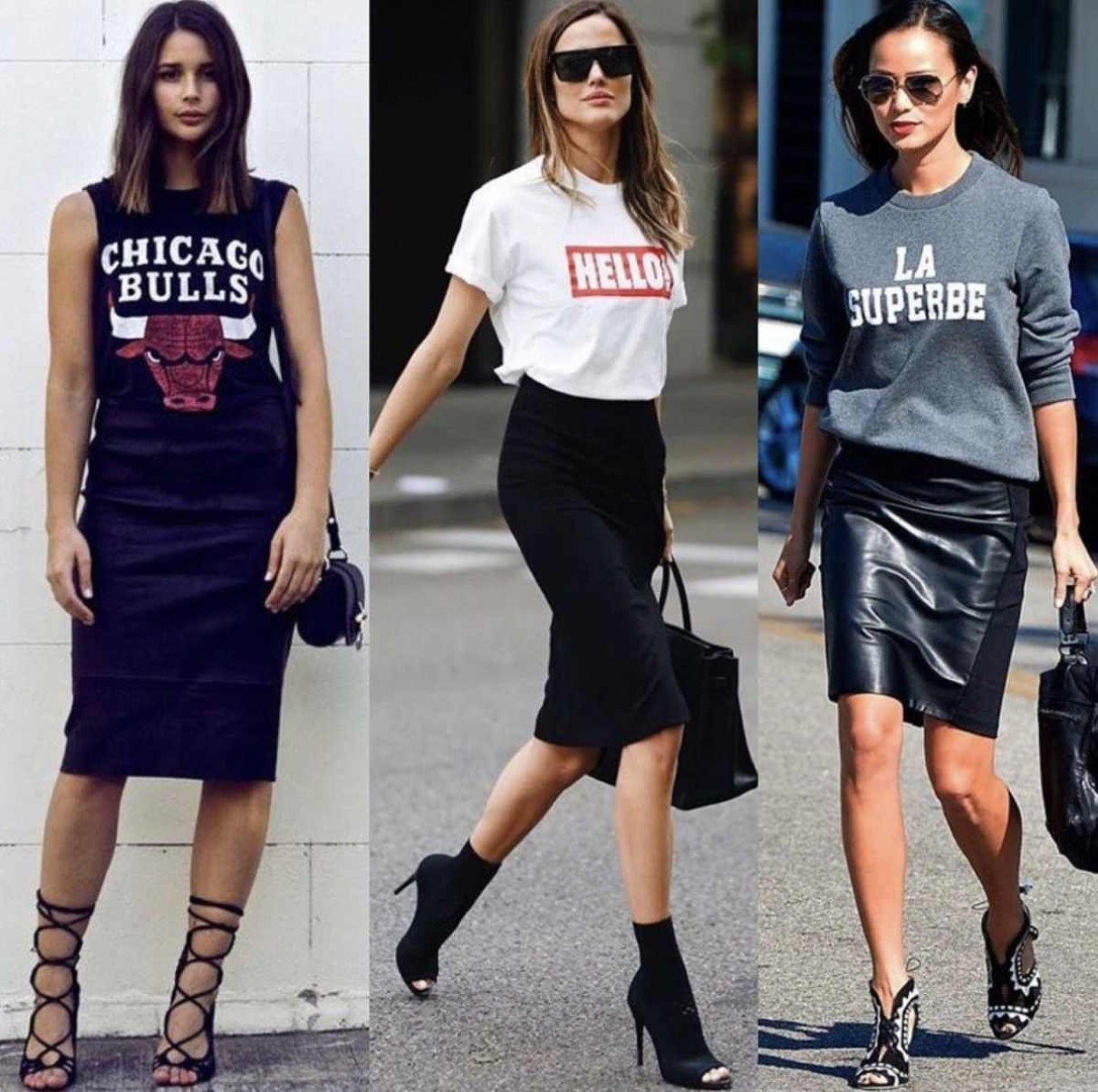 A saia midi em apresentaÃ§Ãµes casuais que podem ser transformadas em um look escritÃ³rio com um blazer ou camisa 