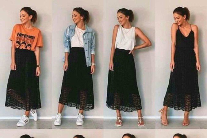 Saia midi em diversas apresentações e combinações que vão desde as mais arrumadas até as mais despojadas - (crédito: Pinterest/Reprodução) Saia midi em diversas apresentações e combinações que vão desde as mais arrumadas até as mais despojadas - (crédito: Pinterest/Reprodução)