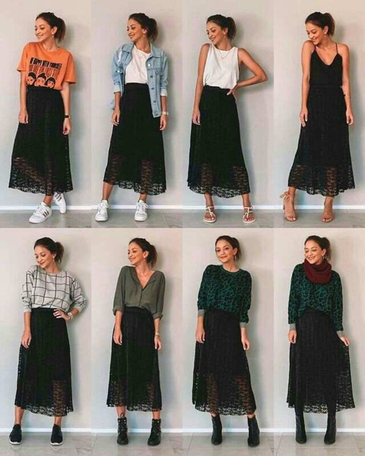 Saia midi em diversas apresentações e combinações que vão desde as mais arrumadas até as mais despojadas 