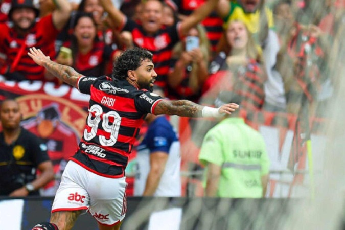 Gabigol celebra. Na sua despedida ele fez seu 161º gol com a camisa do Flamengo -  (crédito: Foto: Gilvan de Souza /Flamengo)