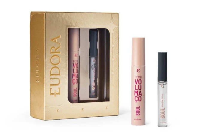Kit Presente Natal SOUL: Gloss Labial Incolor 5,2ml   Máscara de Cílios BOMB Volumaço 10g, da Eudora (R$ 65,98)