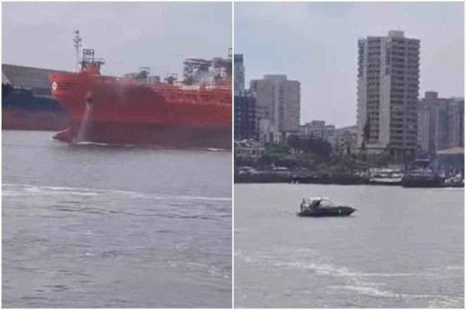 Não houve choque com o navio e elas receberem bóias lançadas da balsa que faz a travessia Santos-Guarujá -  (crédito: Reprodução/Instagram/@praticagemdesp)