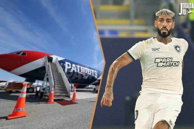 Jogadores do Botafogo detonam avião em viagem ao Qatar - (crédito: Fotos: Reprodução Site/New England Patriots e Vitor Silva/Botafogo) Jogadores do Botafogo detonam avião em viagem ao Qatar - (crédito: Fotos: Reprodução Site/New England Patriots e Vitor Silva/Botafogo)