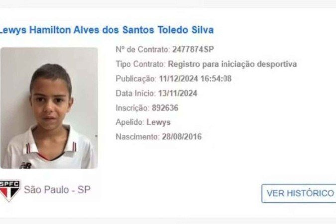 Lewys Hamilton é um jogador de oito anos que assinou vínculo com o São Paulo -  (crédito: Foto: reprodução)