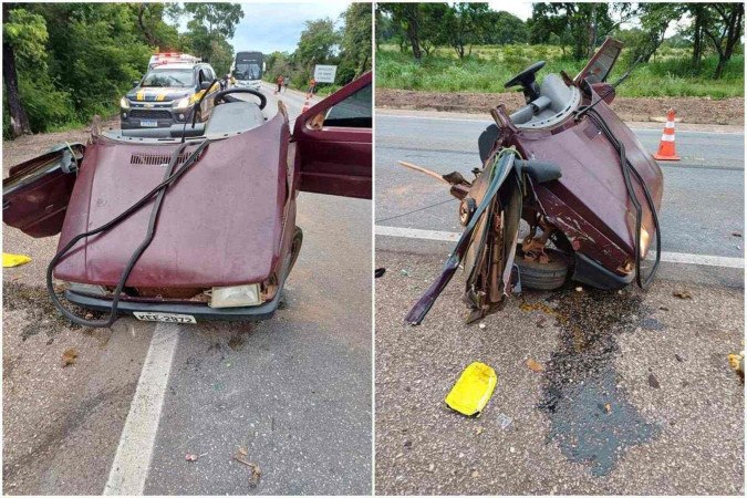 Com o impacto, o carro se despedaçou e partiu ao meio -  (crédito: Divulgação/Polícia Rodoviária Federal de Goiás)