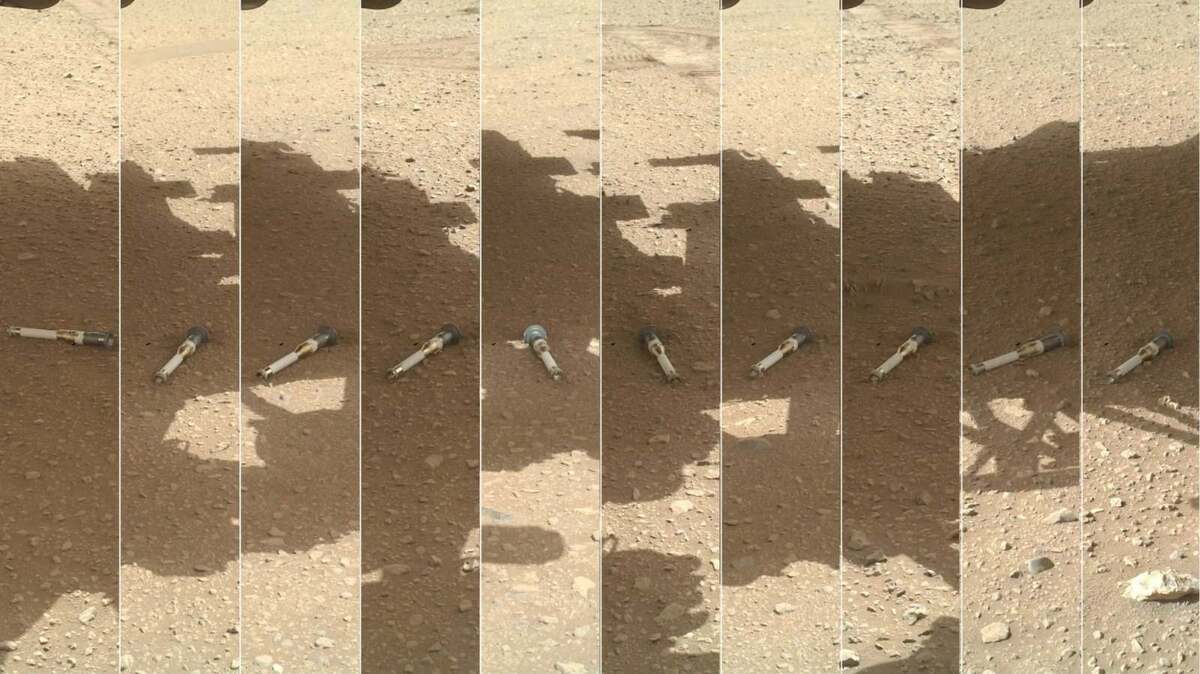 Fotomontagem mostra tubos contendo amostras de Marte, coletadas pelo Perseverance Mars da Nasa -  (crédito: Divulgação/NASA/JPL-Caltech/MSSS)