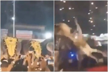 Um elefante se desgarrou da manada e atacou um homem durante o festival religioso Thrissur Pooram, em Kerala, na Índia -  (crédito: Reprodução/Redes sociais)