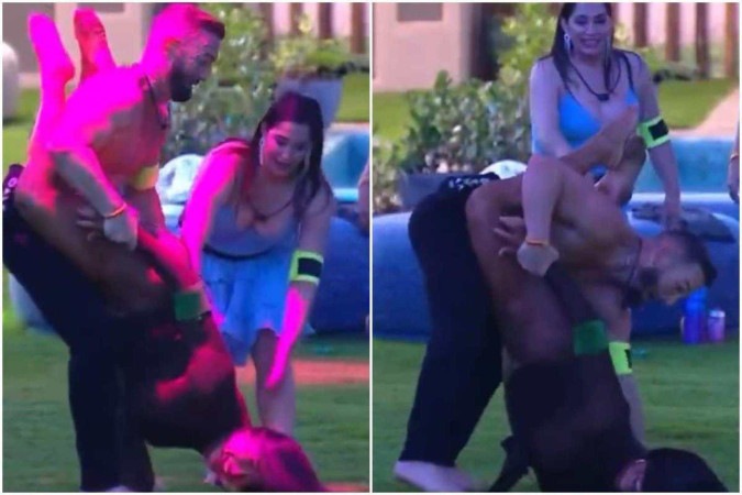 Diego Hypólito e Gracyanne Barbosa em brincadeira durante a primeira festa do BBB 25 -  (crédito: Reprodução/Redes sociais)