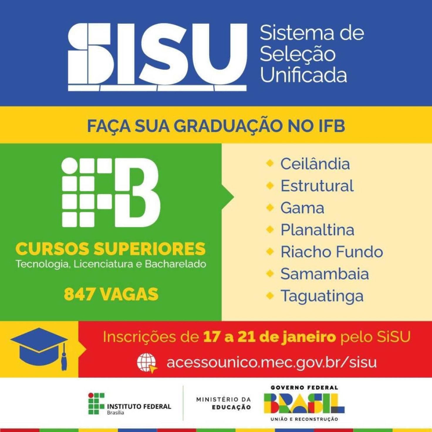 IFB está com inscrições abertas para cursos superiores gratuitos via SiSU