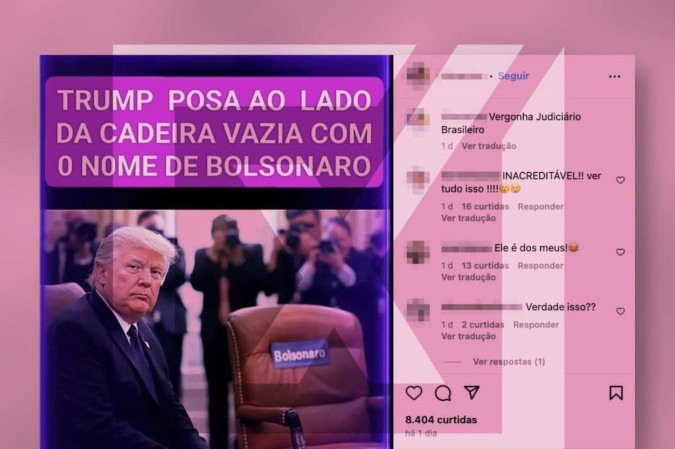 Uma imagem que viralizou do presidente dos Estados Unidos, Donald Trump, ao lado de uma cadeira vazia com o nome do ex-presidente Jair Bolsonaro foi criada por inteligência artificial.  -  (crédito: Reprodução/Comprova)