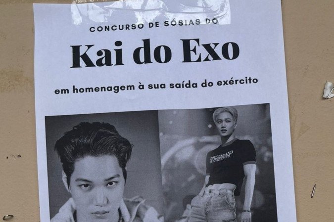 Anúncio de concurso de sósias do cantor Kai, do grupo de K-pop EXO, colado em mural da Universidade de Brasília - (crédito: Reprodução/Redes sociais) Anúncio de concurso de sósias do cantor Kai, do grupo de K-pop EXO, colado em mural da Universidade de Brasília - (crédito: Reprodução/Redes sociais)
