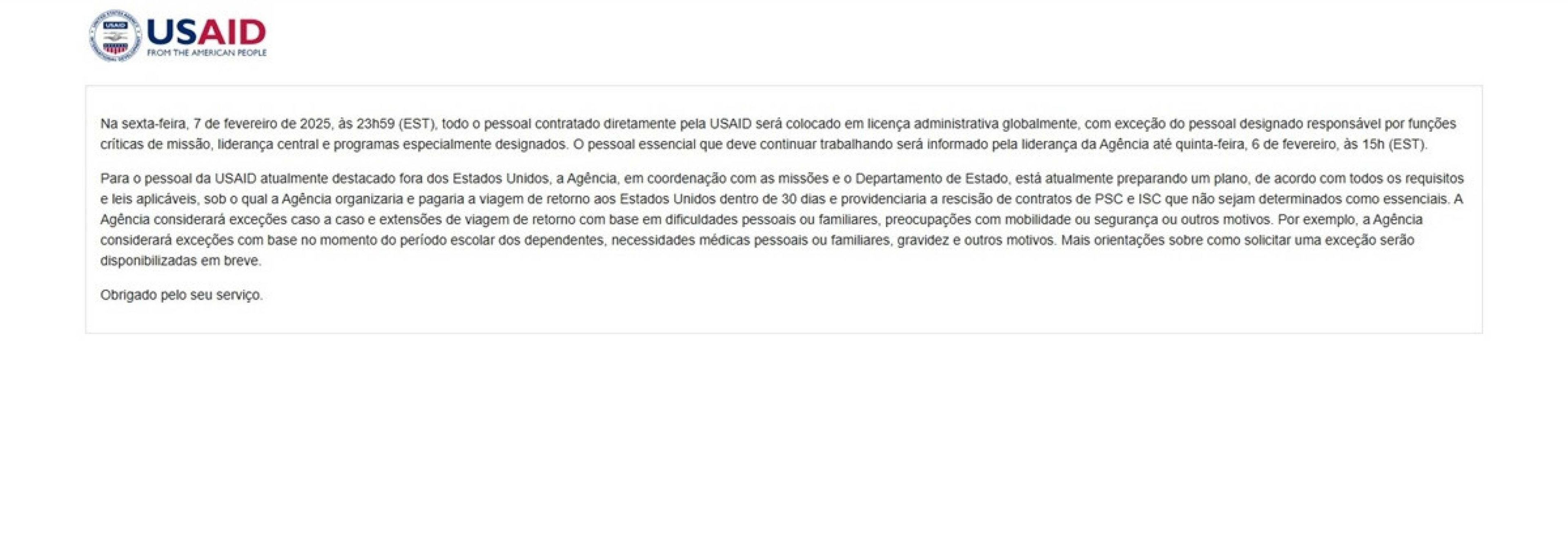 Nota da Agência dos Estados Unidos para o Desenvolvimento Internacional (Usaid, na sigla em inglês)