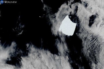 Esta fotografia de satélite de distribuição tirada pelo satélite da NASA entre 12 de janeiro de 2025 e 31 de janeiro de 2025 e divulgada pela NASA em 31 de janeiro de 2025 mostra o iceberg A23a (CR) se deslocando em direção às Ilhas Geórgia do Sul, no Oceano Antártico. O maior iceberg do mundo, que se separou da costa da Antártida em 1986, está se movendo depois de mais de 30 anos. Com quase 4.000 km² (1.500 milhas quadradas) de área, ele tem mais que o dobro do tamanho da Grande Londres e aproximadamente 400 m (1.312 pés) de espessura. Pela primeira vez, um grande fragmento, quase tão grande quanto Paris, se separou do maior iceberg
