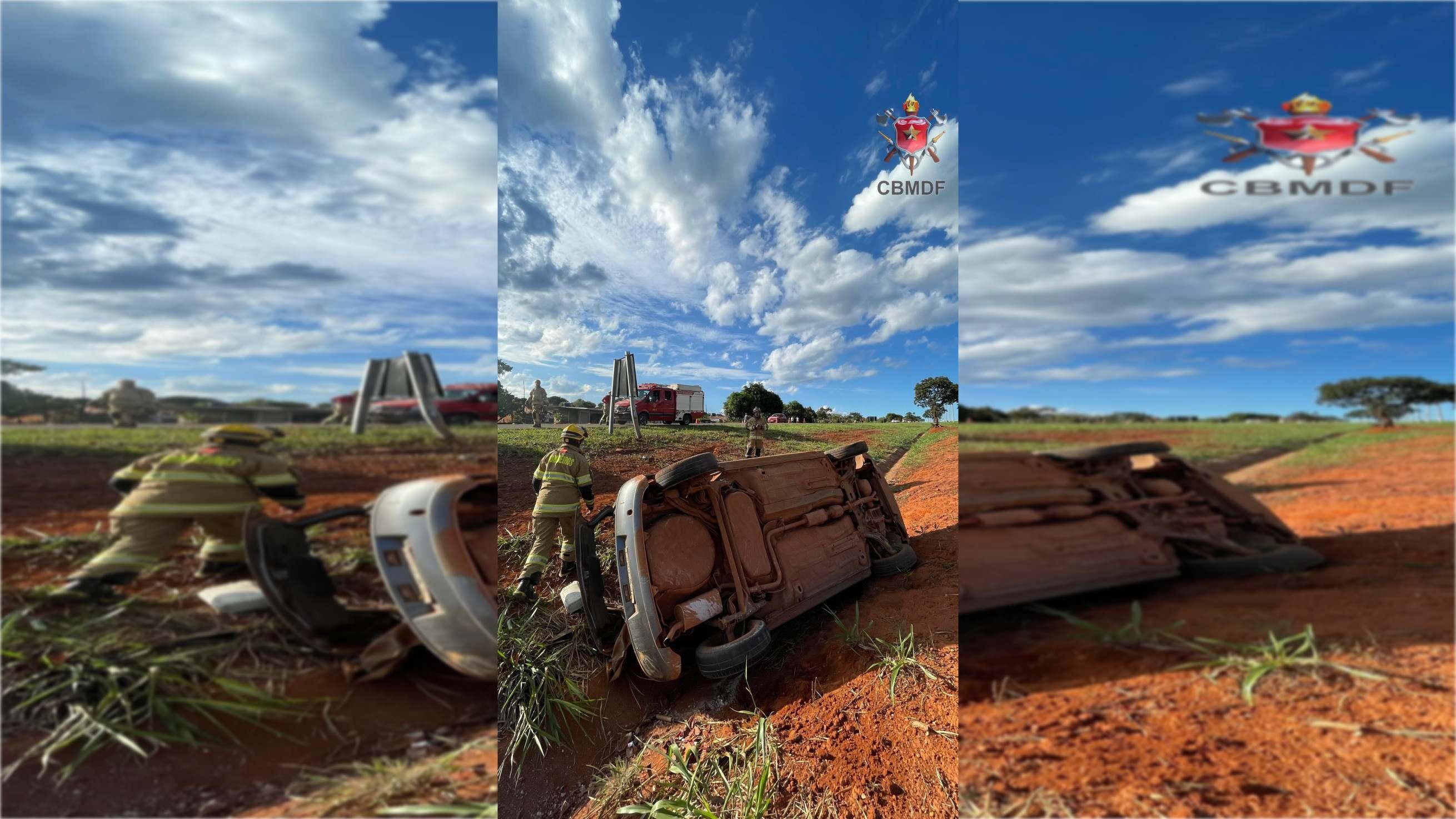 Idoso fica ferido após carro cair em vala de pista, próximo a Brazlândia