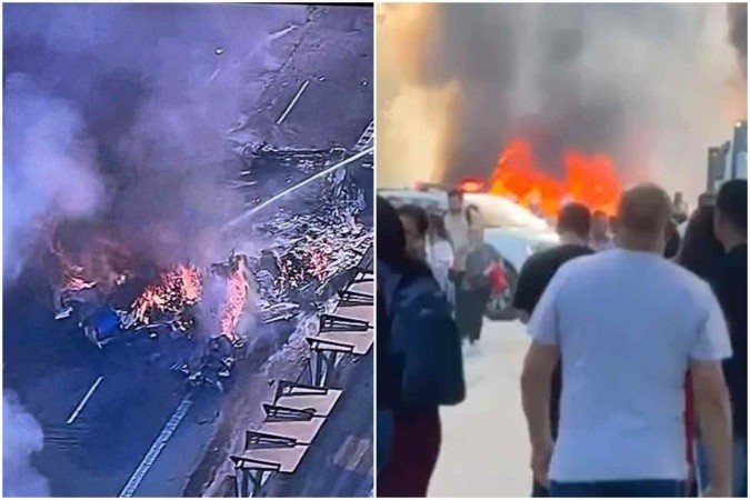 O Corpo de Bombeiros informou que a aeronave caiu em cima de veículos na Avenida Marques de São Vicente - (crédito: Reprodução/Redes sociais) O Corpo de Bombeiros informou que a aeronave caiu em cima de veículos na Avenida Marques de São Vicente - (crédito: Reprodução/Redes sociais)