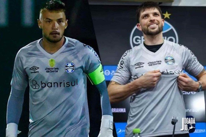 Gabriel Grando (esquerda) e Volpi (direita) disputam a titularidade na meta do Grêmio para o Gre-Nal - (crédito: Foto: Lucas Uebel / Grêmio FBPA) Gabriel Grando (esquerda) e Volpi (direita) disputam a titularidade na meta do Grêmio para o Gre-Nal - (crédito: Foto: Lucas Uebel / Grêmio FBPA)