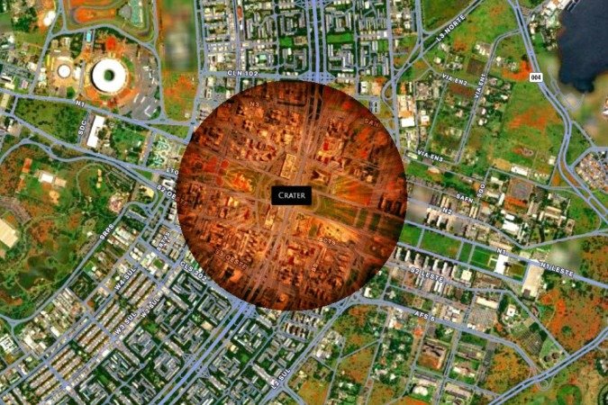 Cratera que seria aberta na parte central de Brasília, se o asteroide tiver 90m e acertar a Rodoviária do Plano Piloto