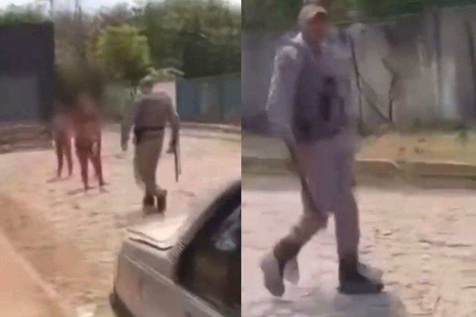 Pessoas que observaram a cena disseram que o policial estava incomodado porque a jovem estava gravando. - (crédito: Reprodução) Pessoas que observaram a cena disseram que o policial estava incomodado porque a jovem estava gravando. - (crédito: Reprodução)
