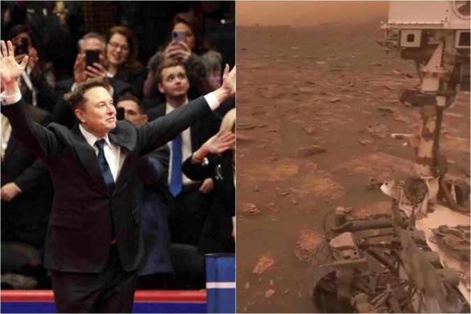 Musk, que também é dono da SpaceX, empresa de operações aeroespaciais, durante discurso  na posse do presidente Donald Trump, anunciou que os EUA enviarão astronautas para Marte -  (crédito: JUSTIN SULLIVAN / Getty Images via AFP e Reprodução/X/@elonmusk)