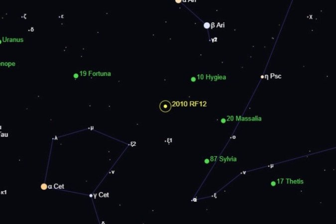Mapa estelar mostra o asteroide 2010 RF12 nesta madrugada, ao ar pela constelação de Áries -  (crédito: Reprodução/Theskylive.com)