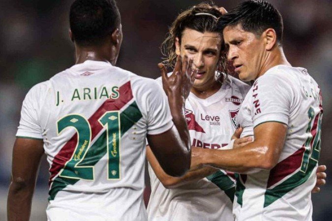Trio de estrangeiros, Arias (esq.), Cano (centro) e Canobbio, do Fluminense - (crédito: Foto: Marcelo Gonçalves/FFC) Trio de estrangeiros, Arias (esq.), Cano (centro) e Canobbio, do Fluminense - (crédito: Foto: Marcelo Gonçalves/FFC)
