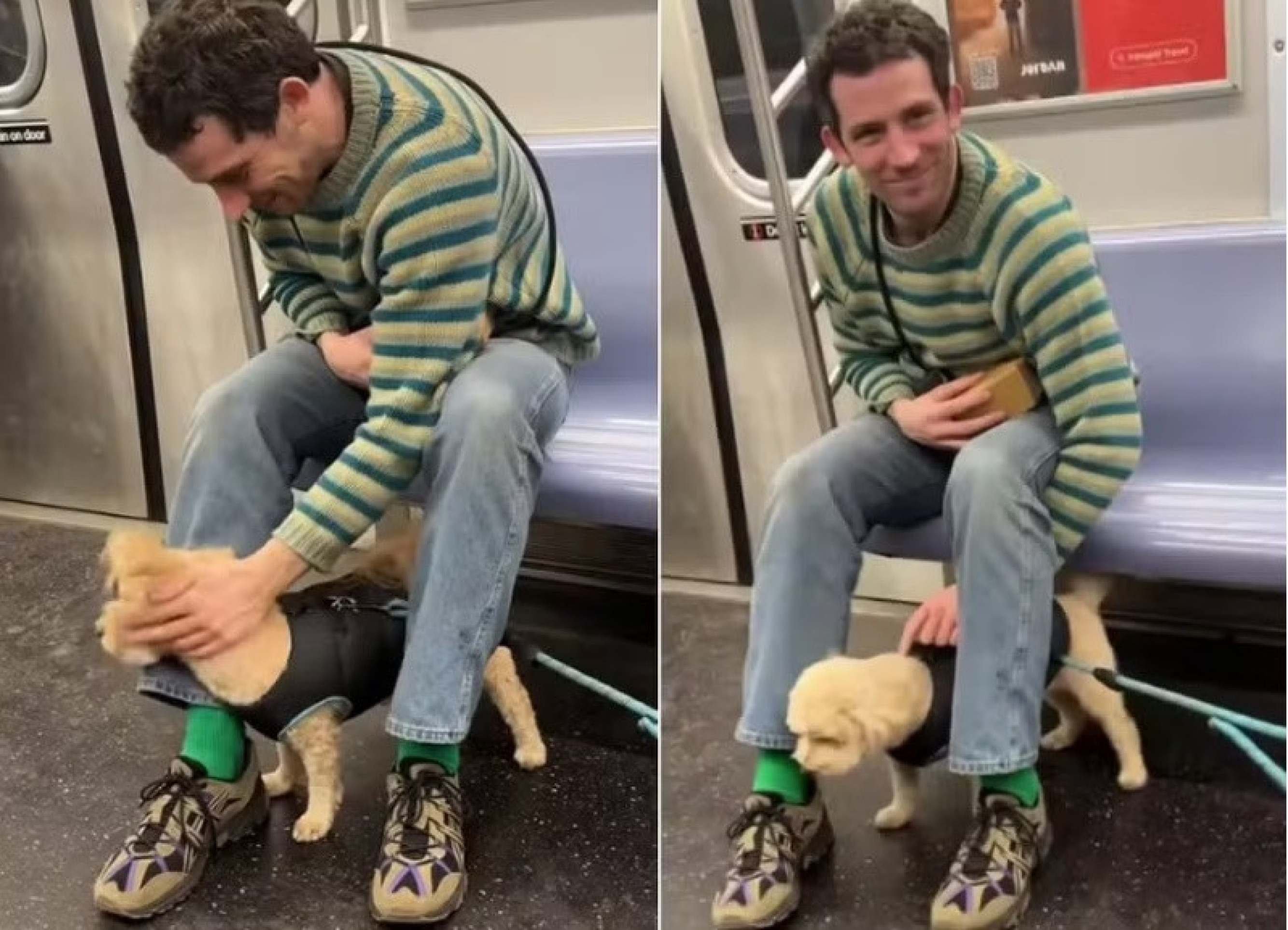 Josh O'Connor faz carinho em cão em vagão de metrô