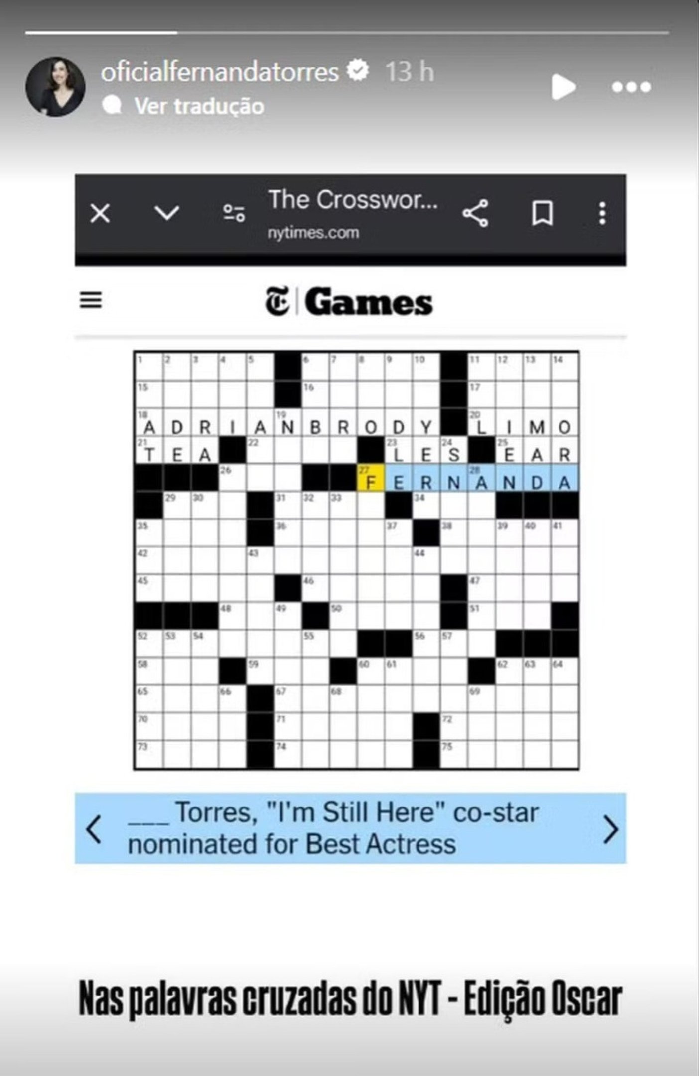 Fernanda Torres aparece nas palavras-cruzadas do New York Times versão Oscar