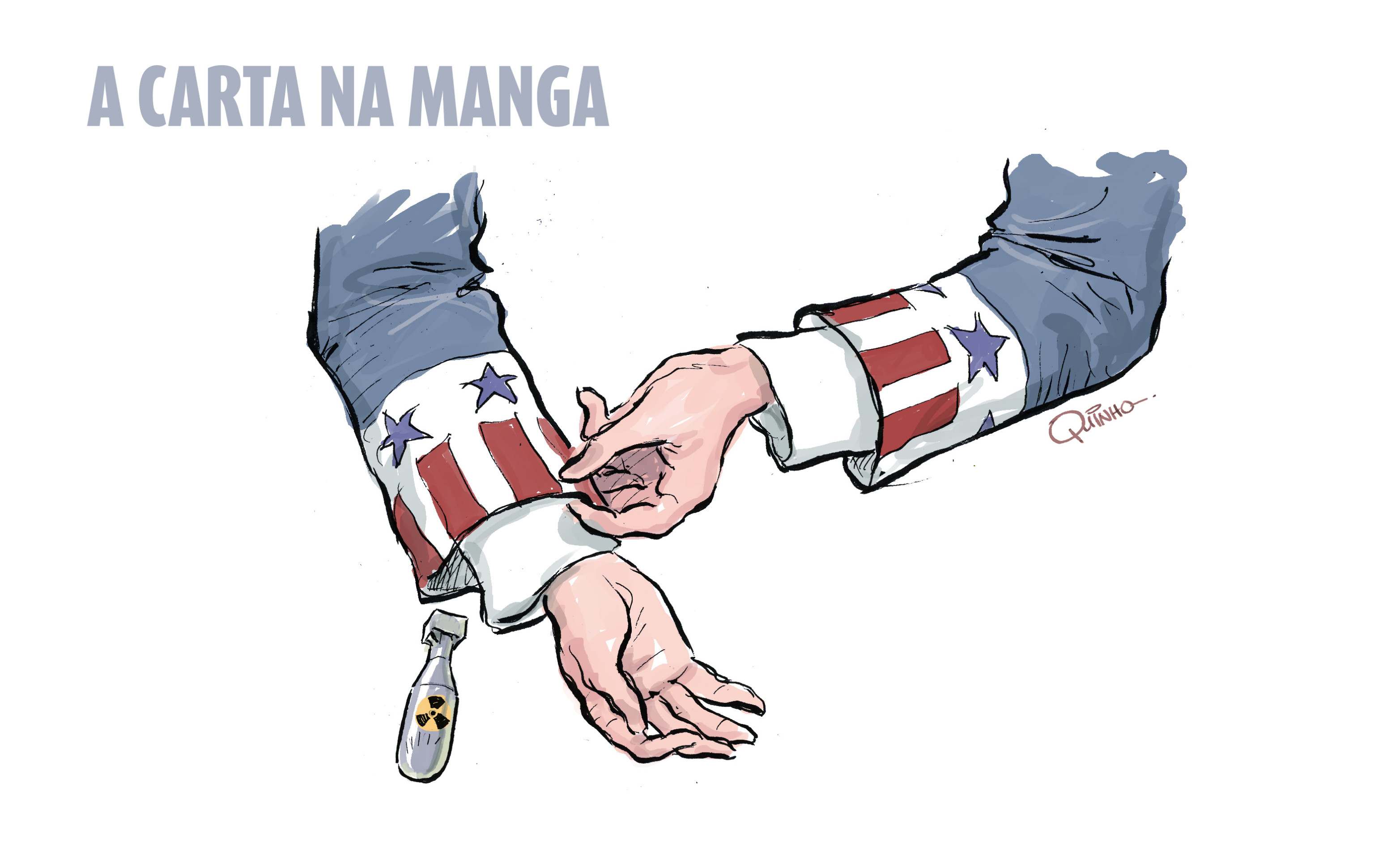 O chargista Quinho ilustra mãos vestidas com as cores da bandeira dos Estados Unidos e a frase: 