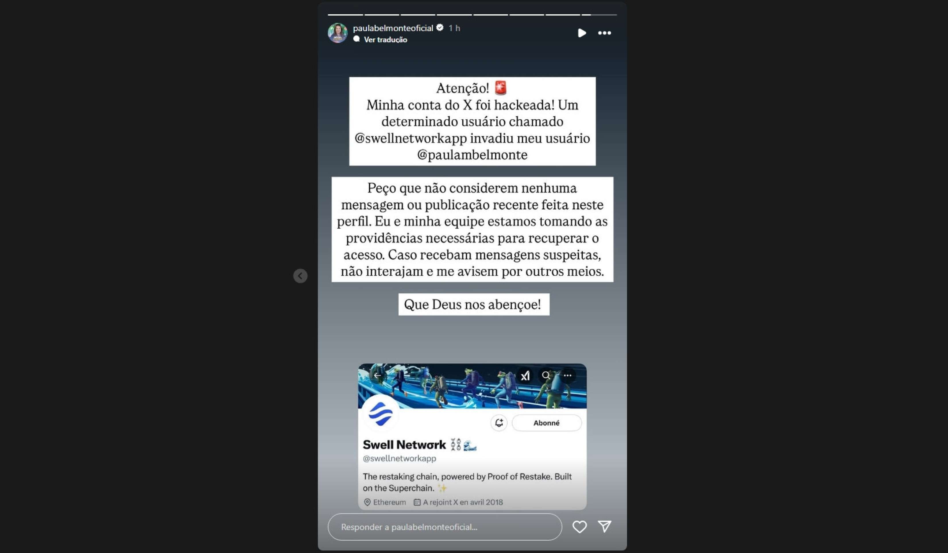 A deputada distrital Paula Belmonte, informou por meio das redes sociais, que sua conta na rede social X (antigo Twitter)