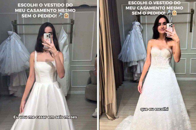 Nicole já escolheu vestido de noiva que vai usar em seu casamento, mesmo que o namorado não tenha feito o pedido - (crédito: Reprodução / TikTok) Nicole já escolheu vestido de noiva que vai usar em seu casamento, mesmo que o namorado não tenha feito o pedido - (crédito: Reprodução / TikTok)