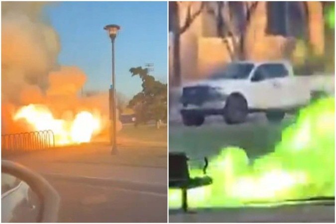 Imagens que circulam nas redes sociais mostram chamas na cor verde saindo de bueiros - (crédito: Reprodução/Redes sociais) Imagens que circulam nas redes sociais mostram chamas na cor verde saindo de bueiros - (crédito: Reprodução/Redes sociais)