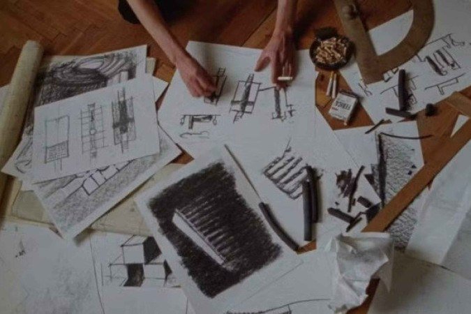 Desenhos de László Tóth (Adrien Brody), arquiteto do filme O Brutalista 

