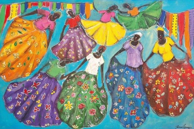 Obra de Janice Affonso representando mulheres negras em trajes tradicionais com saias longas e floridas, dançando em um ambiente festivo. - (crédito: Reprodução/Instagram) Obra de Janice Affonso representando mulheres negras em trajes tradicionais com saias longas e floridas, dançando em um ambiente festivo. - (crédito: Reprodução/Instagram)