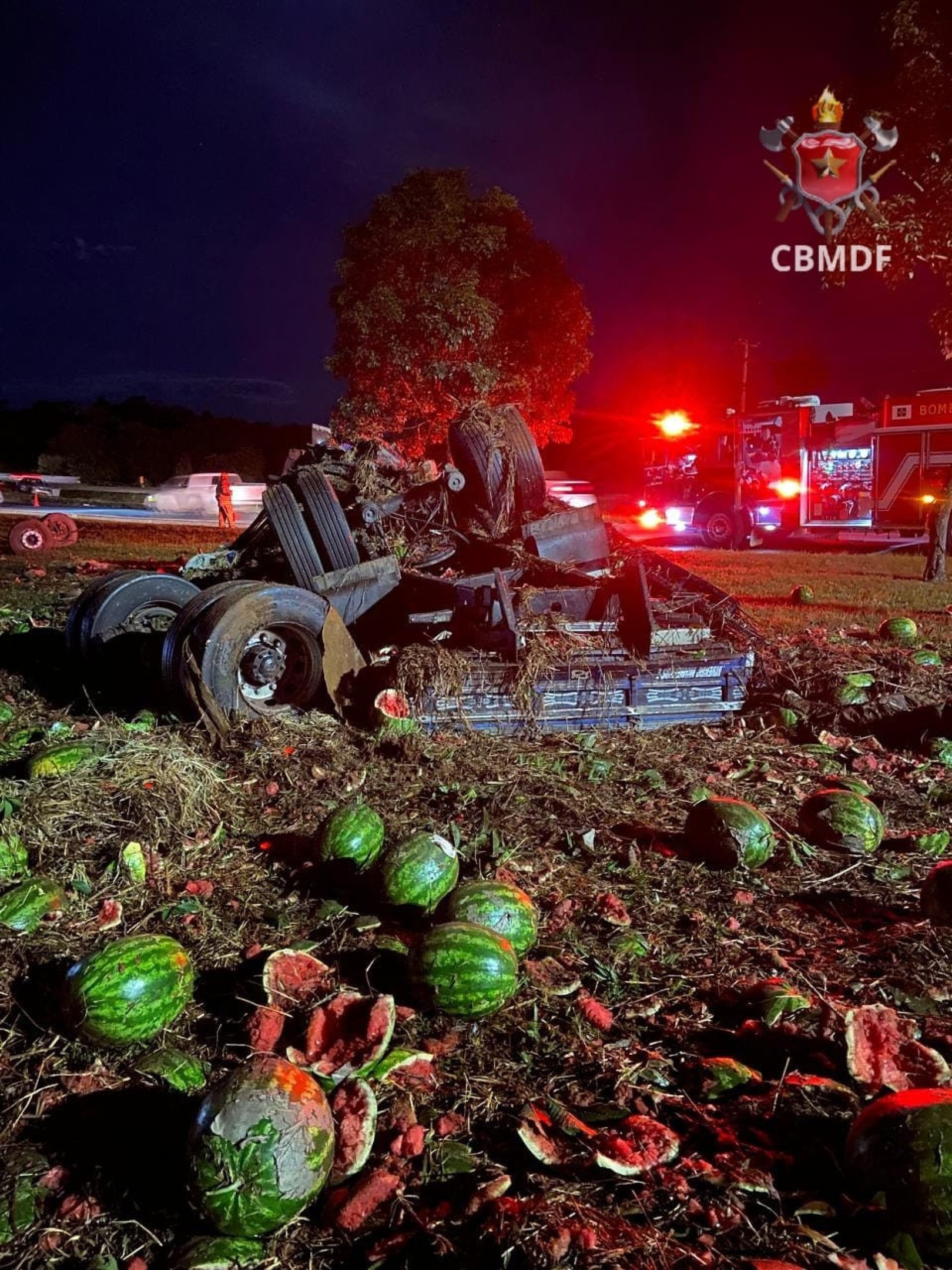 Com o capotamento, dezenas de melancias ficaram espalhadas pelo local do acidente