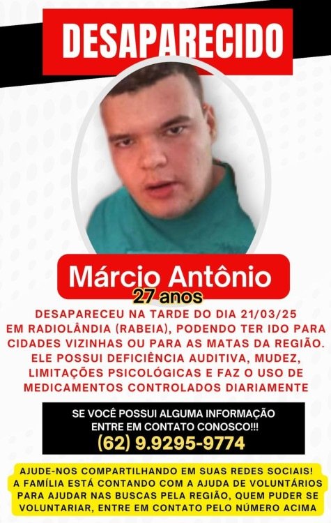 jovem de 27 anos, surdo e com quadro depressivo, desapareceu na zona rural de Radiolândia, município de Pirenópolis (GO)