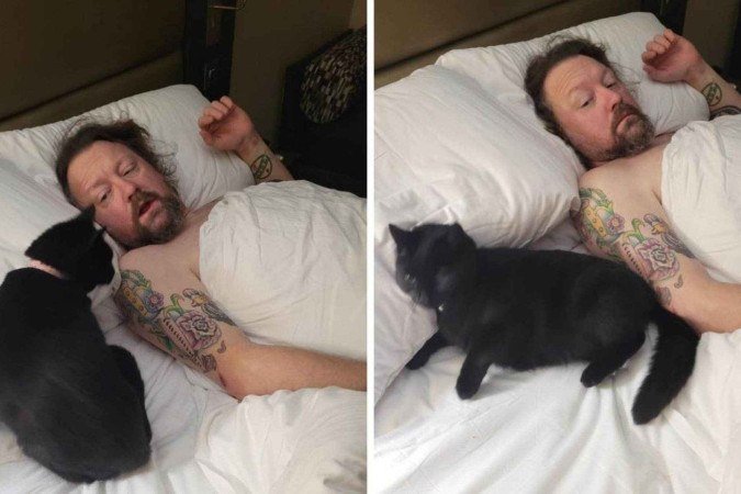 Paul foi acordado com gato pulando sobre ele em cama de hotel - (crédito: Reprodução / Facebook) Paul foi acordado com gato pulando sobre ele em cama de hotel - (crédito: Reprodução / Facebook)