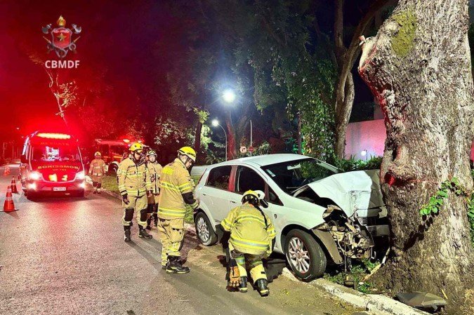 Colisão de carro contra árvore deixa mulher ferida na Asa Sul