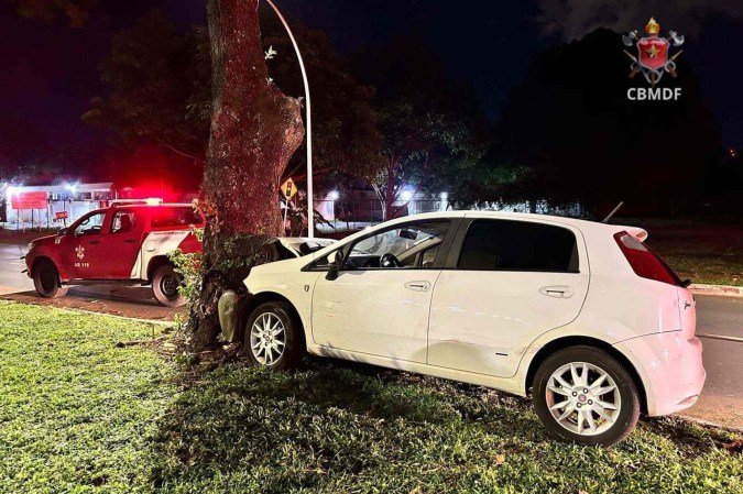 Colisão de carro contra árvore deixa mulher ferida na Asa Sul