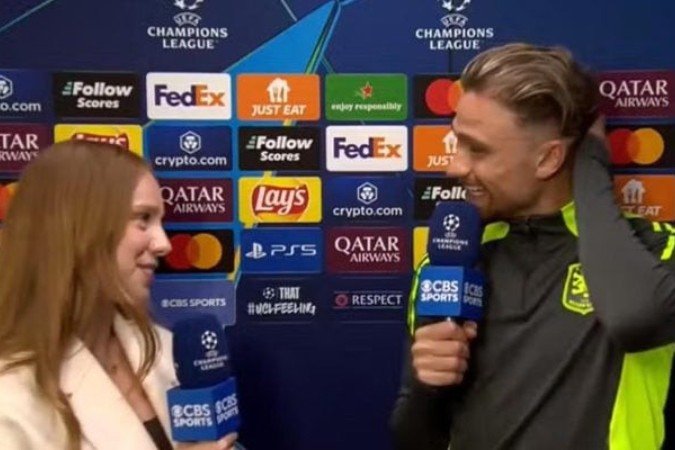 Matty Cash foi entrevistado pela irmã depois da derrota do Aston Villa - (crédito: Foto: Reprodução) Matty Cash foi entrevistado pela irmã depois da derrota do Aston Villa - (crédito: Foto: Reprodução)