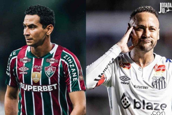 Ganso e Neymar devem se enfrentar no domingo (13), porém podem iniciar no banco -  (crédito: Foto: Lucas Merçon/Fluminense; Raul Baretta/ Santos FC.)
