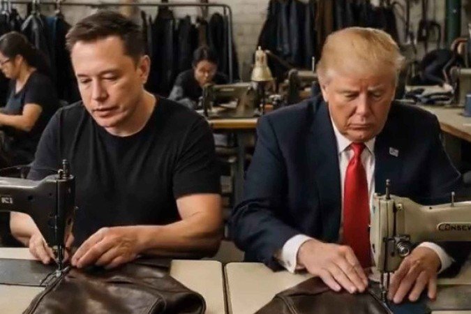 Imagem gerada por I.A. simula Elon Musk e Donald Trump trabalhando em fábrica - (crédito: Reprodução/Redes sociais) Imagem gerada por I.A. simula Elon Musk e Donald Trump trabalhando em fábrica - (crédito: Reprodução/Redes sociais)