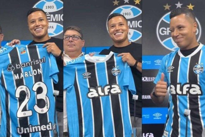 arlon foi apresentado como novo lateral-esquerdo e camisa 23 do Grêmio - (crédito: Fotos: Reprodução / Grêmio TV) arlon foi apresentado como novo lateral-esquerdo e camisa 23 do Grêmio - (crédito: Fotos: Reprodução / Grêmio TV)