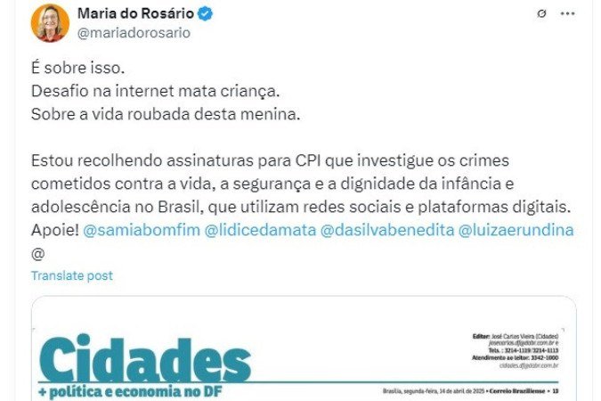 Deputada ilustrou anúncio da CPI com reportagem do Correio publicada ontem